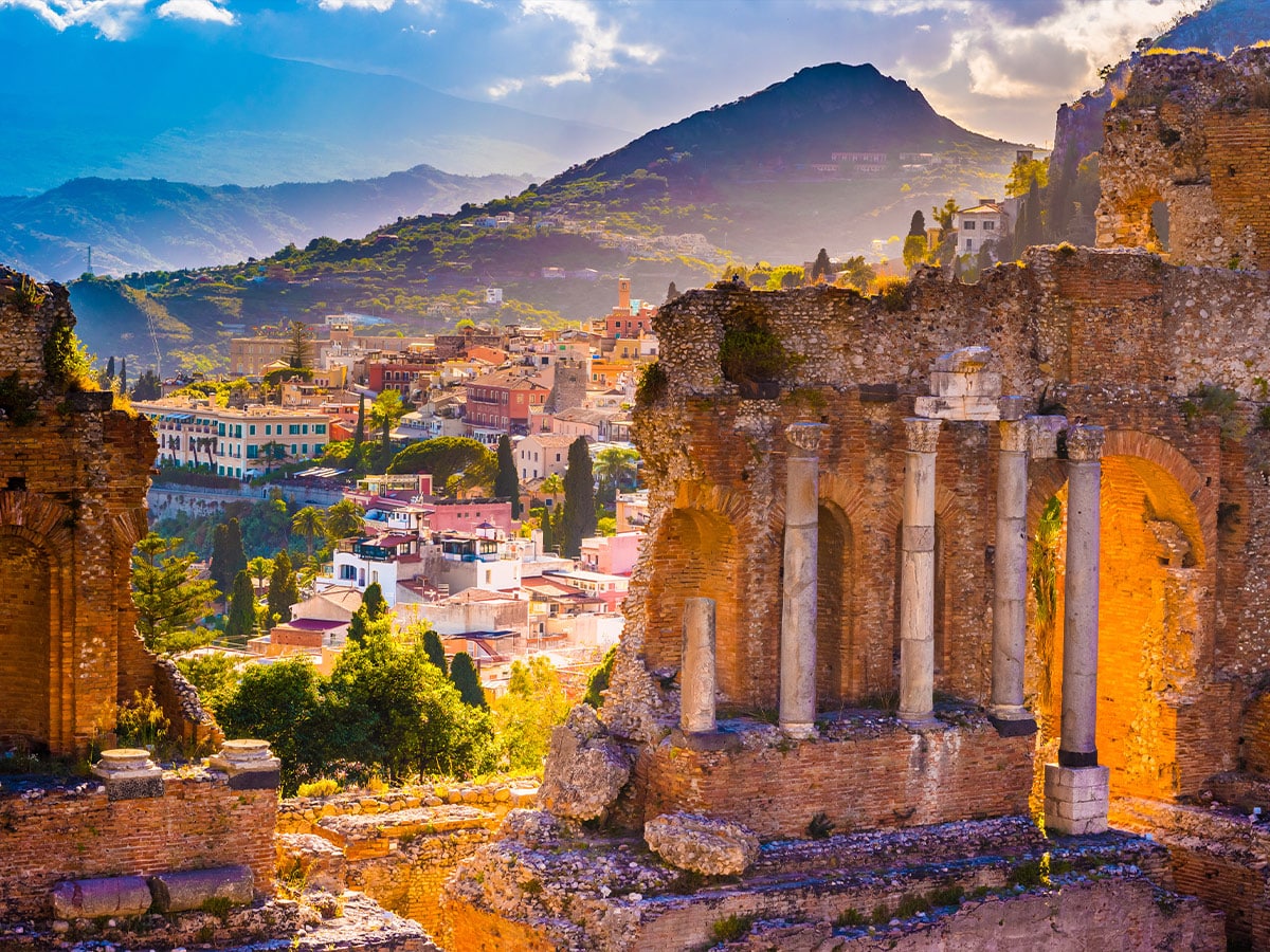 The Ruins of Taormina Theater at Sunset. Beautiful travel photo, colorful image of Sicily.